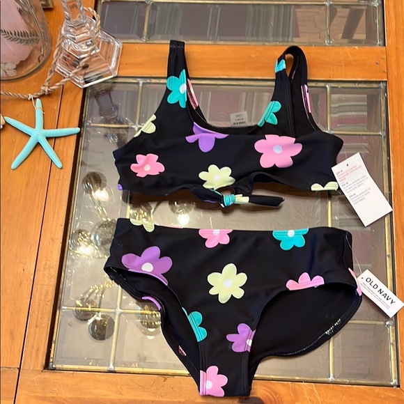 NWT Old Navy Kids Bikini - Black with Colorful Floral - Picture 1 of 7